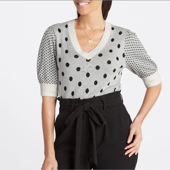 NWT Les Serein Black/White Medelin Short Sleeve Polka Dot V-Neck Sweater - Picture 1 of 8